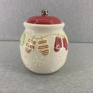 Hallmark Christmas Cookie Candy Jar Mittens on Clothesline Jingle Bell Top